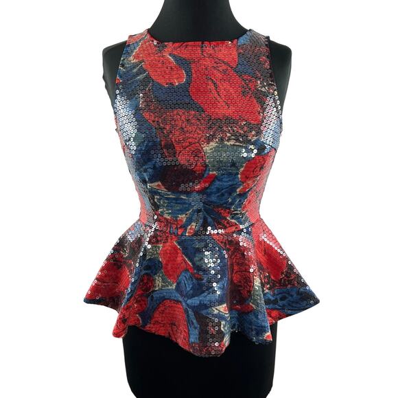 Anthropologie WOLVEN Sequin Peplum Top Red Blue Round Neck Sleeveless Size 0 - Picture 1 of 11